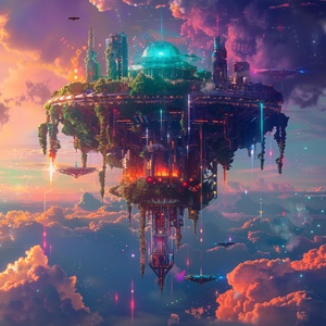 Create a digital illustration of a futuristic, dreamlike floating palace. The scene should depict a palace suspended in the air, combining elements of advanced technology and nature. The architectural style should be sci-fi, with vibrant colors and transparent structures, creating a fantastical and mysterious atmosphere. The overall style should be futuristic and enchanting, 8k, 32k uhd, official photo.参考中文提示词创建一幅未来梦幻空中宫殿的数字插画。场景应展示一座悬浮在空中的宫殿，结合未来科技与自然元素。建筑风格应充满科幻感，色彩斑斓的光线和透明的结构营造出梦幻和神秘的氛围。整体风格应未来主义且迷人，8k, 