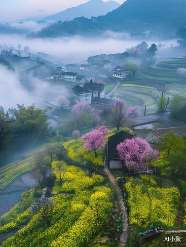 Guilin Spring Beauty with Cherry Blossoms and Rapeseed Fields