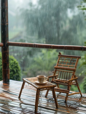 外面下着雨，竹茶几，一杯茶，一个竹椅