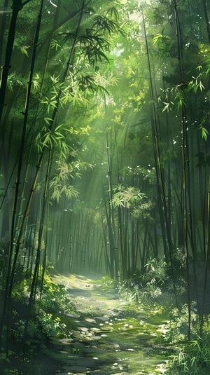 场景一：竹林深处- 镜头：远景- 描述：一片茂密的竹林，阳光透过竹叶的缝隙，斑驳地洒在地上。- 提示词：幽篁、静谧、自然