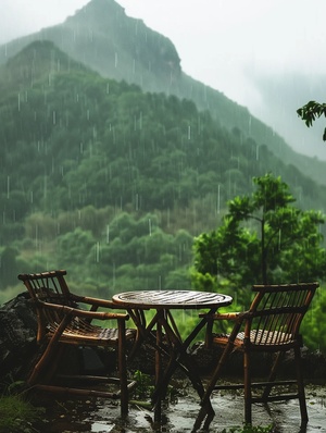 两张椅子和一张桌子在雨中，以北中国地形为风格，生动的自然景象，神秘的热带地区，山区风光，阴天雾蒙蒙的天气。