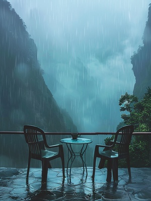 两张椅子和一张桌子在雨中，以北中国地形为风格，生动的自然景象，神秘的热带地区，山区风光，阴天雾蒙蒙的天气。