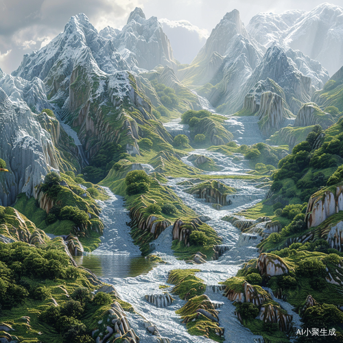 清晰层次的山川河流风景3D画