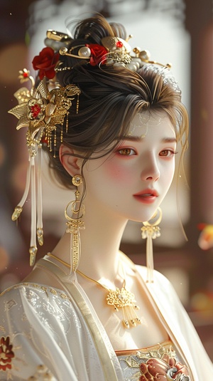 Ancient costume beautiful woman in the style of Chinese style, gold jewelry earrings and necklace with long hair in an updo hairstyle, white dress decorated with red flowers, exquisite facial features, bright eyes, perfect face details, perfect figure, delicate skin texture, red lips, blurred background of a Chinese palace hall, fairyland atmosphere, anime illustration style, high definition photography, super detailed.