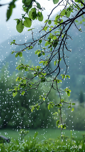 春天细雨中的宁静山间景色