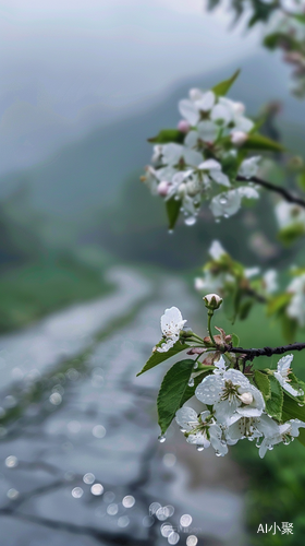 春天细雨中的宁静山间景色