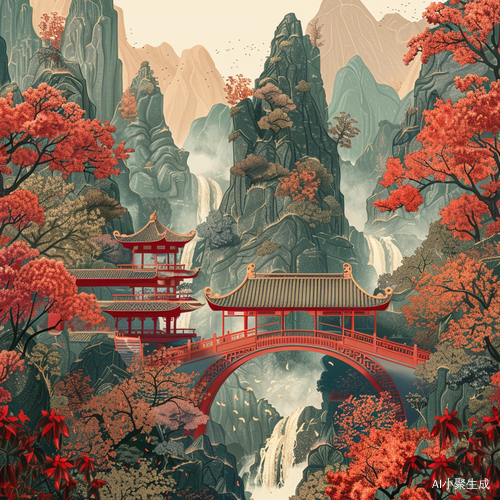 巍峨山脉与溪流瀑布的中式插画风景