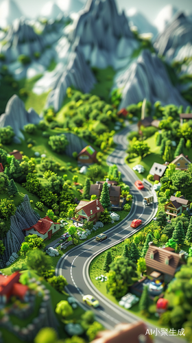 治愈系3D风景画汽车房子树与高山