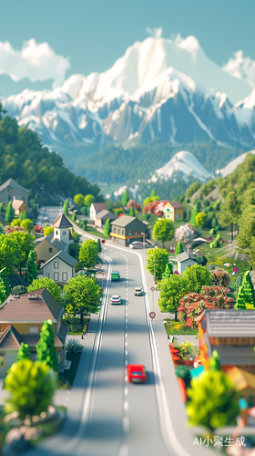 治愈系3D风景画汽车房子树与高山