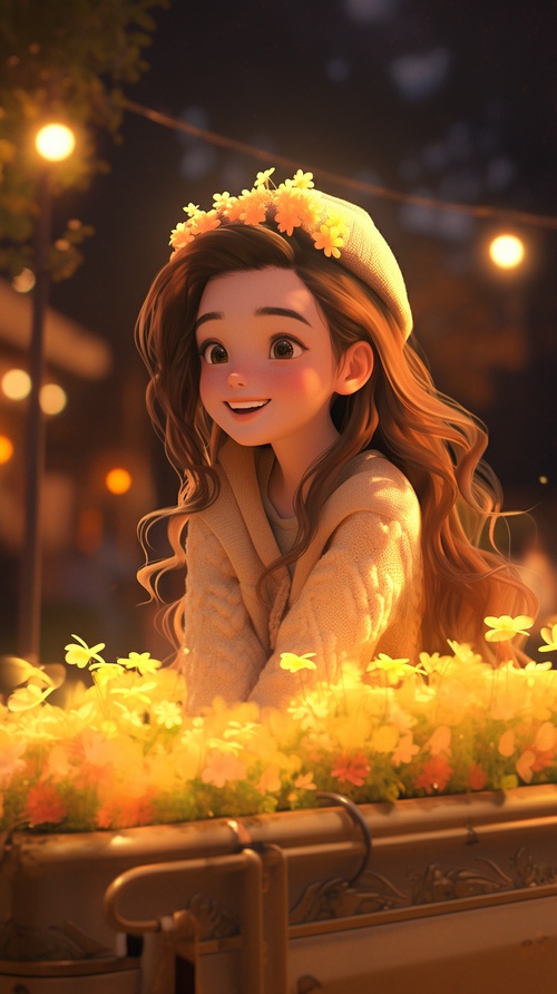 3D, C4d, cute girl with long hair and brown eyes sitting on a bench in front of a flower cart full of yellow flowers at night. She has small glowing lights around her head. Her crown is made from small shining stars. Her face looks happy as she is smiling. She is holding some flowers. Her outfit looks warm and cozy with a pastel color theme. The style is reminiscent of a dreamy scene in the style of a fairytale.