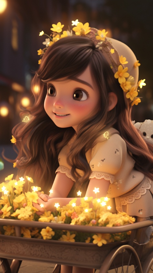 3D, C4d, cute girl with long hair and brown eyes sitting on a bench in front of a flower cart full of yellow flowers at night. She has small glowing lights around her head. Her crown is made from small shining stars. Her face looks happy as she is smiling. She is holding some flowers. Her outfit looks warm and cozy with a pastel color theme. The style is reminiscent of a dreamy scene in the style of a fairytale.