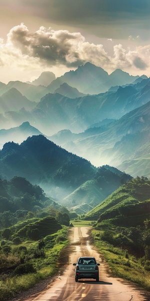 山地草原公路，一辆汽车在行驶，后景的高山耸入云层，夕阳西下，营造出安静祥和，大自然鬼斧神工的静谧景象