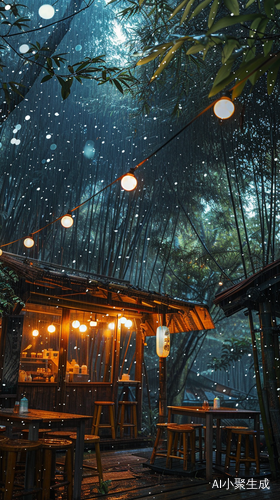 雨中竹林阁楼的治愈茶时光