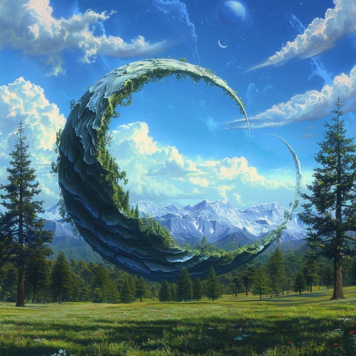 painting of a crescent shaped object in a field with trees, grass spiral mountain landscape, mobius strip shaped planet, world seen only through a portal, highly detailed surreal vfx, magic portal in the sky, amazing composition, youtube video screenshot, crescent moon, sickle, music video, winding horn, dream portal, blue moon ray tracing, a beautiful land art of a large