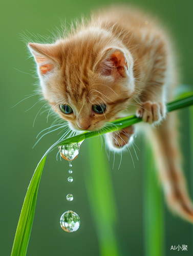 Kitten Wrapped in Water Droplet Reflecting Serenity and Nature