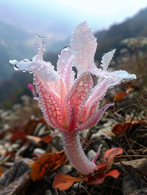 一朵奇异的粉白相间的花朵,形状像外星人的手,生长在中国的山坡上。花瓣上有清晰的脉络,从很远的地方就能看见。它被水晶般的露珠覆盖,在阳光下闪耀。周围有很多落叶,背景是模糊的山脉。这张照片是用高分辨率摄影技术拍摄的,风格是中国山水画艺术。