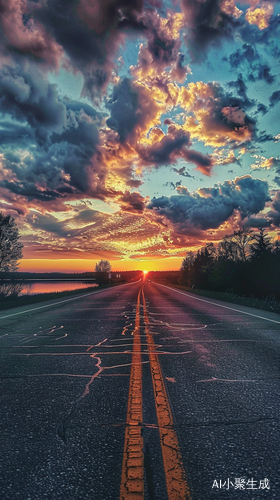 傍晚夕阳映照公路湖面与云彩