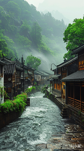 烟雨江南小镇的悠然景象