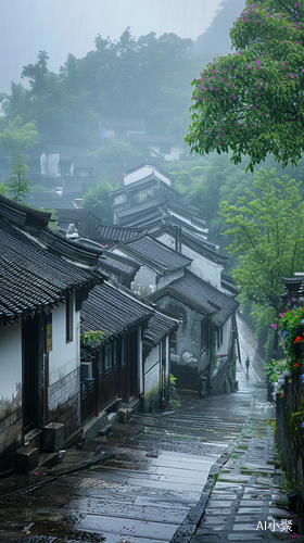 烟雨江南小镇的悠然景象