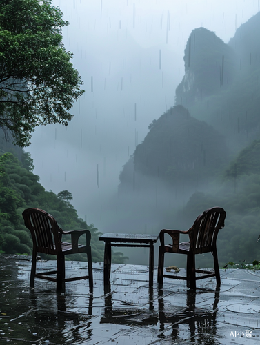 雨中北中国风格两张椅子一张桌子的自然景象