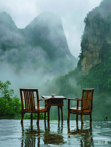 雨中北中国风格两张椅子一张桌子的自然景象