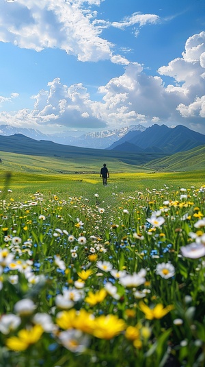 一半画面一个男人走在开满鲜花的绿色草原，画面一半天空蓝天白云