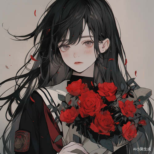 女孩手握枯萎玫瑰黑发校服的忧伤瞬间