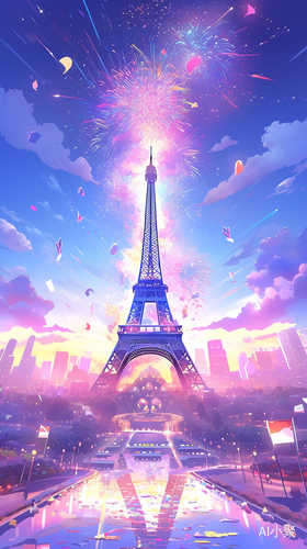 Majestic Fantasy Sports Event Overlooking Eiffel Tower in Exaggerated Cartoon Style