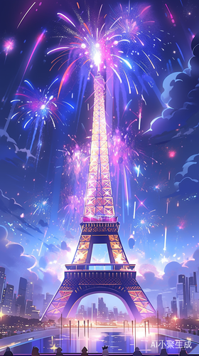 Majestic Fantasy Sports Event Overlooking Eiffel Tower in Exaggerated Cartoon Style