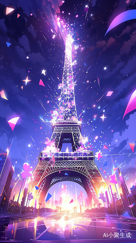 Majestic Fantasy Sports Event Overlooking Eiffel Tower in Exaggerated Cartoon Style