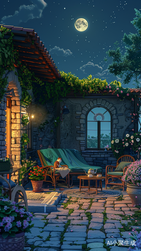 宁静乡村夜景描绘古朴房子与月光下的庭院