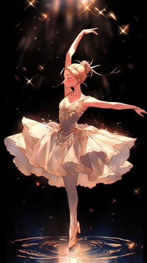 young ballerina performing on stage, pale pink and white ballet dress, gold ballet shoes, hair in a bun,classical ballet pose, left tilt, right leg extended, left leg bent, arms up, balanced grace, deep blue background,gold glitter, luxurious dreamy atmosphere模型：NJ6.0（动漫质感）