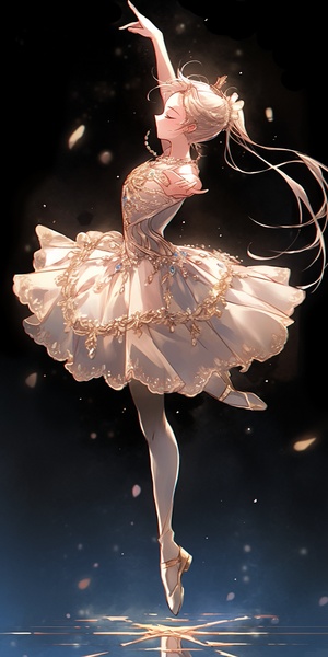 young ballerina performing on stage, pale pink and white ballet dress, gold ballet shoes, hair in a bun,classical ballet pose, left tilt, right leg extended, left leg bent, arms up, balanced grace, deep blue background,gold glitter, luxurious dreamy atmosphere模型：NJ6.0（动漫质感）