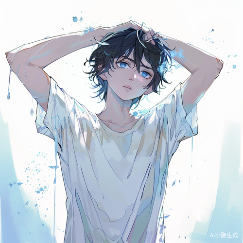 可爱动漫男孩的水彩画伸展手臂梦幻效果