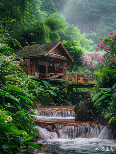 小木屋与流水旁的花卉绿植风景