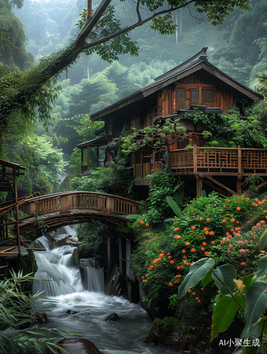 小木屋与流水旁的花卉绿植风景