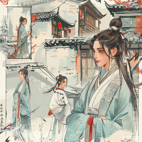 中国帅气男孩女孩在大街上看热闹的漫画风格