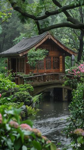 小木屋与花海间的小桥流水风景