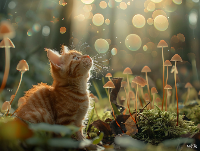 Curious Orange Cat Observing Green Mycelial Fungi in Cinematic Makro Photography