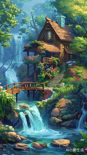 小木屋与小桥流水中的郁郁葱葱风景