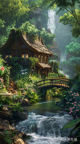 小木屋与小桥流水中的郁郁葱葱风景