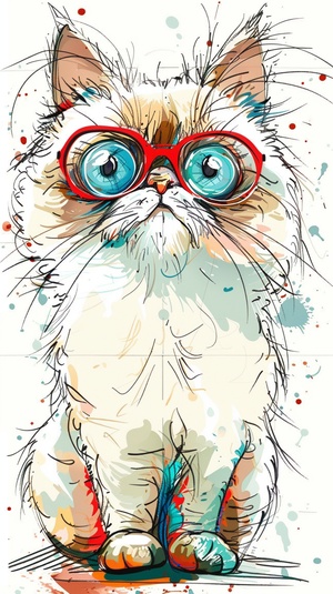 Ralph Steadman style character,A cutefull color fluffy cat in a thick linehand-drawn style, for coloring page.black line in the borders , vector file,watercolor 0 pencil 0 both , whitebackground, rough, minimalism, frontview ，3D卡通，十二格，搞笑宠物猫表情包。多种动作和表情，3D渲染，1080p超高清画质