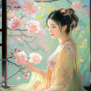 画一副古风美景和美女图片，花园中漫步，颜色清新脱俗，