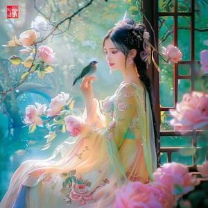 画一副古风美景和美女图片，花园中漫步，颜色清新脱俗，