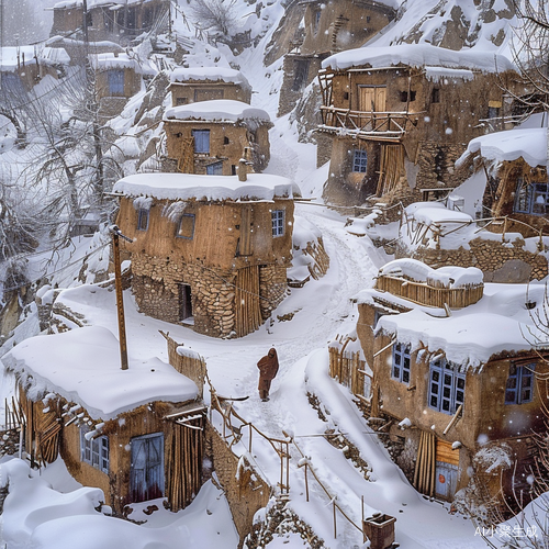 雪景中的破旧村庄与土坯房远景