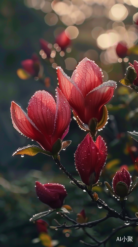 红色玉兰花与晶莹露珠的真实4k美景