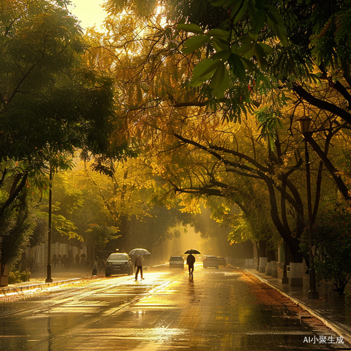 雨中街道的晨景树木明亮路灯朦胧人们行走