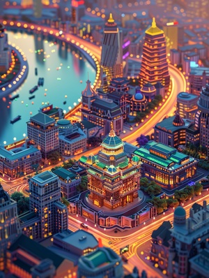 isometric , award - winning promotional art piece of Shanghai Bund in color miniature depicting Shanghai ' s iconic architecture and scenery , exquisite architectural details , dusk , exquisite color miniature art , masterful delicate brushstrokes , smooth and fine lines , ultra - clear details , vibrant colors , high saturation , masterful composition , wide - angle lens ,8K high - definition image . ar 3:4 v 6.0