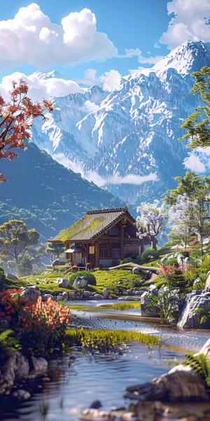 山水如画的美，白云飘逸，阳光洒向山间，泉水流敞，绝美的风景，草屋伫立，旅游的好地方。宫崎骏风