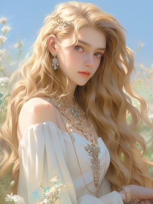 A beautiful girl with long blonde hair,wearing gold jewelry and a white off-the-shoulder dress in the style of an oil painting, sitting on grass under a blue sky, with flowers blooming around her, soft lighting, and soft shadows. The golden necklace is adorned with exquisite gems, adding to its opulence. in the style of Zhang Jingna, Strong oil painting style,charming anime characters, RTX on, colorful costumes, detailed facial features. ar 3:4 s 1000 -niji 6